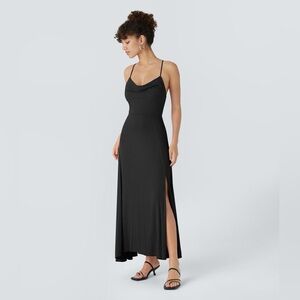 Halara Ribbed Cowl Neck Backless Crisscross Lace Up Split Midi Party Dress Sz XS